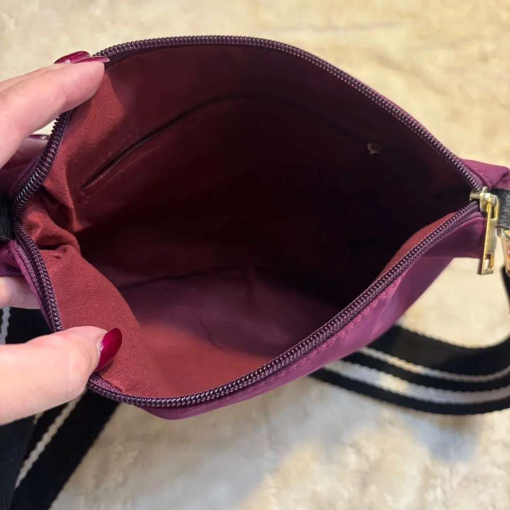 Nylon Crossbody Bag Purple Black White Striped Strap Gold-tone Hardware Zip Top
